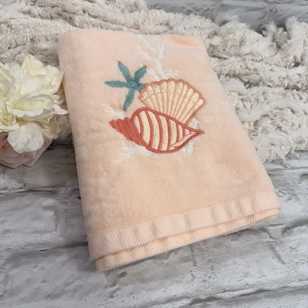 Vtg RA Briggs Seashell Embroidered Peach Bath Towel 4pc Set Beach House Seashore